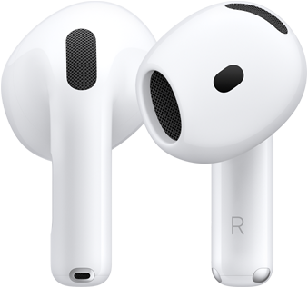 back of left AirPod, front of right AirPod, AirPod stem has the letter R to signify it belongs in the right ear