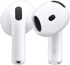back of left AirPod, front of right AirPod, AirPod stem has the letter R to signify it belongs in the right ear