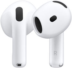 back of left AirPod, front of right AirPod, AirPod stem has the letter R to signify it belongs in the right ear