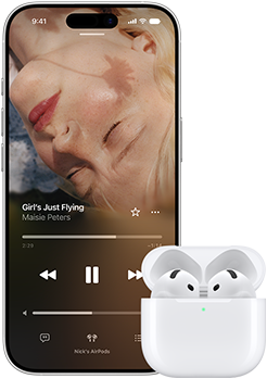 iPhone next to AirPods in charging case, case is open