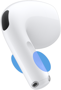 AirPods 5 earbud exterior, blue circles highlighting where to touch the stem for volume controls