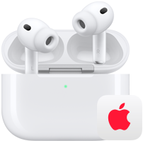 AirPods Pro 3, left and right wireless headphones in MagSafe Charging Case, Apple logo
