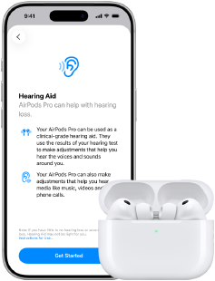 AirPods Pro 3 in MagSafe Charging Case, iPhone 17 Pro, text on screen: Hearing Aid