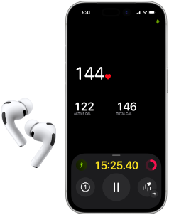 AirPods Pro 3, lower half of iPhone 17 Pro screen, Fitness app displaying heart rate