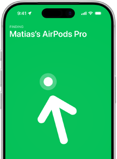iPhone 17 Pro, Find My with Precision Finding screen, text: Matias's AirPods Pro