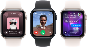 Three Apple Watch SE 3 devices next to each other, one showing the Apple Music app, one showing an incoming phone call and one showing an iMessage exchange