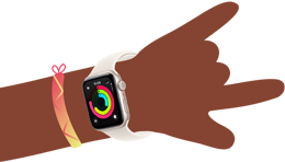 Cartoon illustration of kid's wrist wearing Apple Watch SE 3 with the Activity app open on the screen