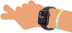 Cartoon illustration of kid's wrist wearing Apple Watch SE 3 with the Messages app open on the screen