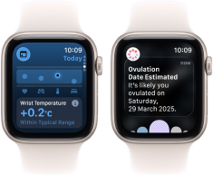 two Apple Watch SE 3 devices with Starlight aluminium cases showing the Vitals app on screens