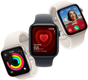 Three Apple Watch SE 3 devices floating next to each other