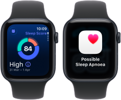 Two Apple Watch SE 3 devices with Midnight aluminium cases showing sleep score and a possible sleep apnoea alert on screens
