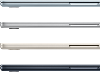 Side exteriors of four MacBook Air laptops, showcasing four different finishes