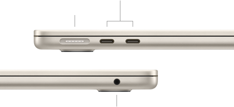 MacBook Air, closed, left side, showing MagSafe and two Thunderbolt ports, right side, showing headphone jack