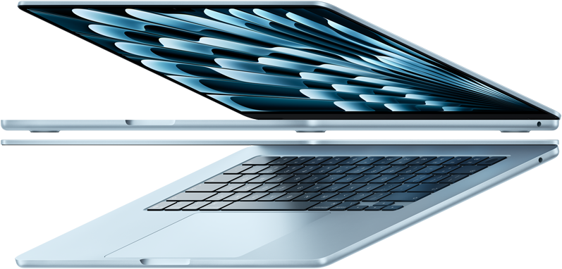 Two open MacBook Air laptops in sky blue colour forming arrow shape, emphasising narrow profile