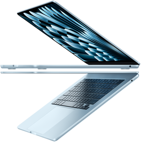 Two open MacBook Air laptops in sky blue colour forming arrow shape, emphasising narrow profile