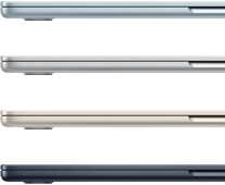 Side exteriors of four MacBook Air laptops, showcasing four different finishes