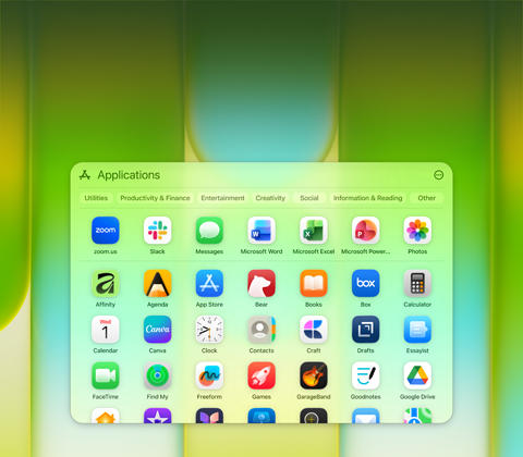 MacBook Neo screen with Applications window containing Microsoft PowerPoint, Word, Excel and OneNote, Google Chrome and Google Drive, FaceTime, Messages, Photos, Notes, Canva, WhatsApp, Zoom, Essayist, Craft, Affinity, Box and Todoist