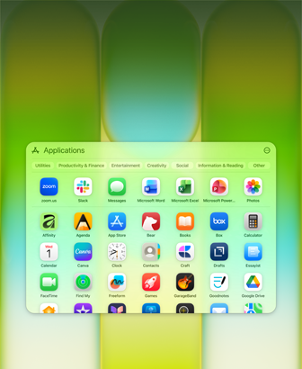 MacBook Neo screen with Applications window containing Microsoft PowerPoint, Word, Excel and OneNote, Google Chrome and Google Drive, FaceTime, Messages, Photos, Notes, Canva, WhatsApp, Zoom, Essayist, Craft, Affinity, Box and Todoist