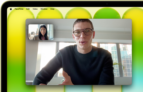 MacBook Neo, citrus colour, video call on screen, Centre Stage feature keeps user centred in the frame
