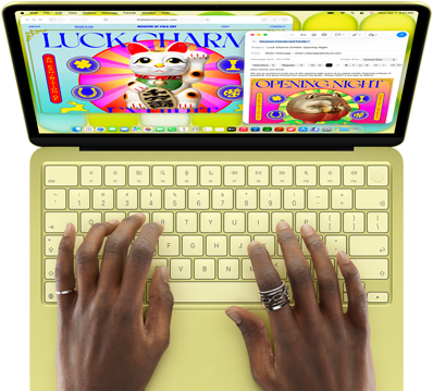 MacBook Neo, citrus colour, hands on keyboard, user is composing an email invitation to a sports event, website for the event open alongside