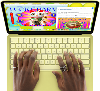 MacBook Neo, citrus colour, hands on keyboard, user is composing an email invitation to a sports event, website for the event open alongside