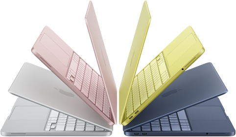 MacBook Neo laptops in silver, blush, citrus and indigo colours, slightly open and arranged in an arch formation