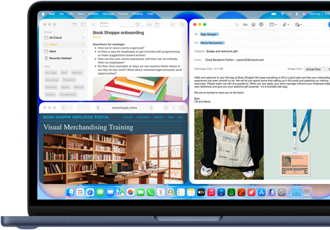 MacBook Neo, indigo colour, screen shows composing a welcome email to new employee of bookstore, other tiled windows contain Notes doc about onboarding and bookstore’s employee portal website in Safari