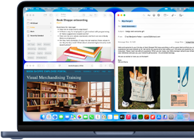 MacBook Neo, indigo colour, screen shows composing a welcome email to new employee of bookstore, other tiled windows contain Notes doc about onboarding and bookstore’s employee portal website in Safari