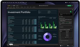 MacBook Pro screen showing Excel spreadsheet with investment portfolio data, green bar chart, purple donut chart, and Copilot sidebar with quarterly totals