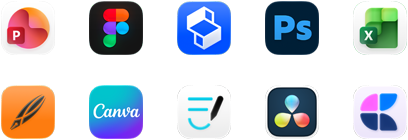 Ten app icons in two rows: PowerPoint, Figma, Shapr3D, Photoshop, Excel, Linearity, Canva, GoodNotes, DaVinci Resolve, Craft