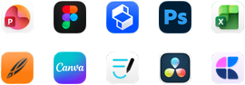 Ten app icons in two rows: PowerPoint, Figma, Shapr3D, Photoshop, Excel, Linearity, Canva, GoodNotes, DaVinci Resolve, Craft