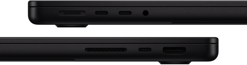 Showing the ports on MacBook Pro — left side: MagSafe, two Thunderbolt ports, and headphone jack — right side: SDXC, one Thunderbolt port, and HDMI