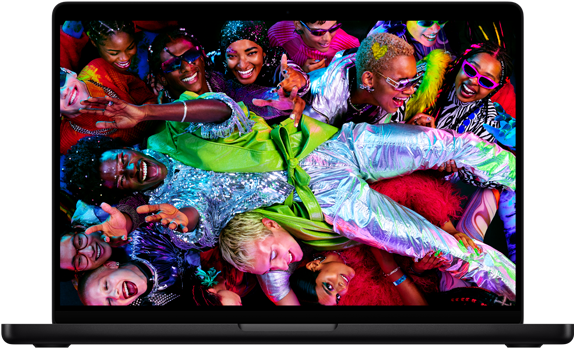 Colorful screen on a MacBook Pro of a person crowd-surfing at a party, showcasing the vibrant Liquid Retina XDR display