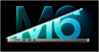 MacBook Pro side profile, silver color, partially open lid revealing glowing blue light, large glowing M6 graphic in background