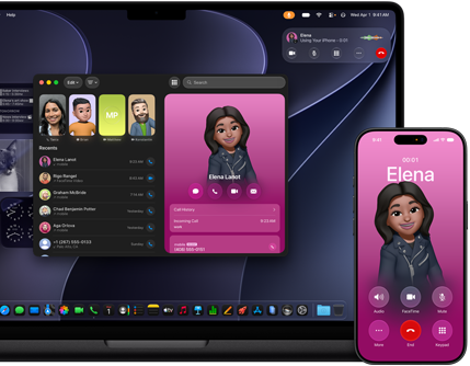 MacBook Pro and iPhone, Phone app open, same contact displayed on both screens