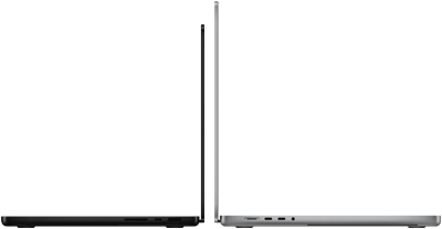 14-inch MacBook Pro in space black next to 16-inch MacBook Pro in silver