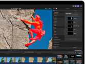 MacBook Pro, Final Cut Pro, Auto Mask panel, People category selected, additional categories: skin, skin and face, hair, mouth, climber in red tones scaling rocky cliff against blue sky