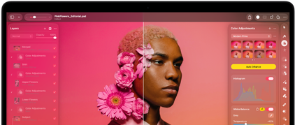 MacBook Pro screen of a photo of a person being edited in Adobe Lightroom