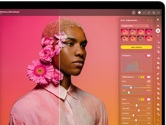 MacBook Pro screen of a photo of a person being edited in Adobe Lightroom