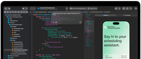 MacBook Pro, Xcode, code editor shows comment: Connect the app to Apple Intelligence, iPhone preview, Quantum College Hospital app, text reads: Say hi to your scheduling assistant, buttons: View open shifts, Swap my next shift
