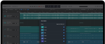 MacBook Pro, Logic Pro, waveform tracks, Stem Splitter panel, categories: vocals, drums, bass, other, each with separate audio waveform