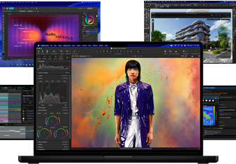 A variety of colourful screen content from music production, graphic design, 3D animation and photo editing apps on Mac, demonstrating powerful graphics performance