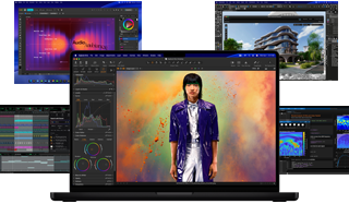 A variety of colourful screen content from music production, graphic design, 3D animation and photo editing apps on Mac, demonstrating powerful graphics performance