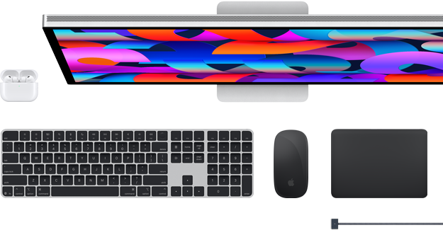 Mac accessories: AirPods, Studio Display, Magic Keyboard, Magic Mouse, Magic Trackpad, MagSafe charge cable in Space Black