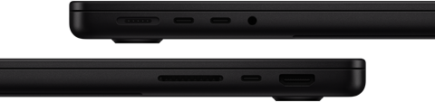 Showing the ports on MacBook Pro — left side: MagSafe 3, two Thunderbolt ports and headphone jack — right side: SDXC card slot, one Thunderbolt port and HDMI