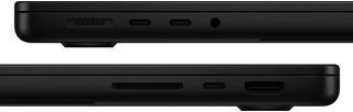 Showing the ports on MacBook Pro — left side: MagSafe 3, two Thunderbolt ports and headphone jack — right side: SDXC card slot, one Thunderbolt port and HDMI