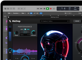 Screen content demonstrating MicDrop software using AI features to edit a vocal recording on a MacBook Pro