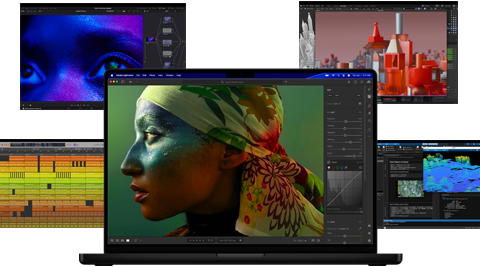 A variety of colourful screen content from music production to video editing, 3D animation and photo editing apps on Mac, demonstrating powerful graphics performance