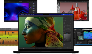 A variety of colourful screen content from music production to video editing, 3D animation and photo editing apps on Mac, demonstrating powerful graphics performance