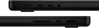 Showing the ports on MacBook Pro — left side: MagSafe 3, two Thunderbolt ports and headphone jack — right side: SDXC card slot, one Thunderbolt port and HDMI